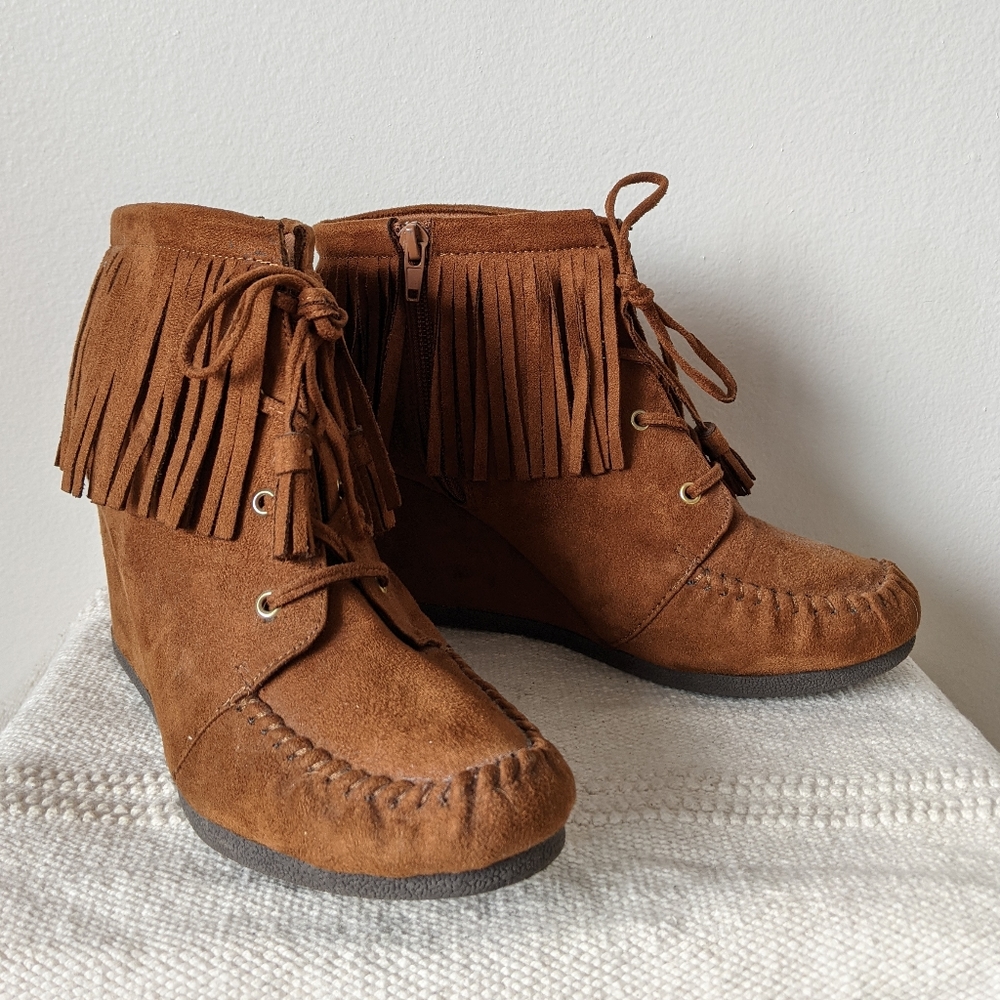 Women's Moccasin Wedge Booties-Brown-Size 7.5